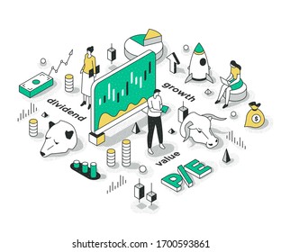 Concept Of Building An Investment Strategy. Ways To Increase Assets On Stock Market. Financial Outline Isometric Illustration