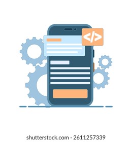 Concept of building mobile applications, collaboration of developers and programmers around a smartphone. Handheld mobile application development. Flat style design illustration in the background.