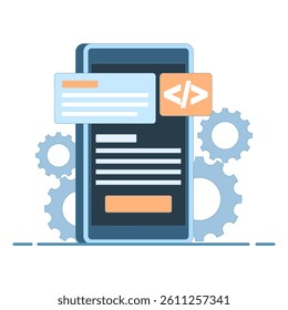 Concept of building mobile applications, collaboration of developers and programmers around a smartphone. Handheld mobile application development. Flat style design illustration in the background.