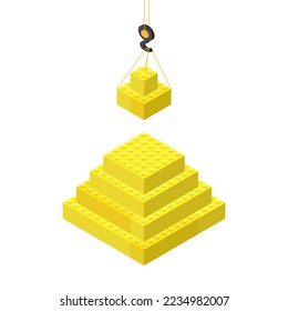 the concept of building a pyramid, blocks suspended on a crane. Vector illustration