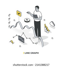 Concept of building and using line graph. A man with a folder in his hands analyzes data using a line graph. Isometric vector illustration with isolated objects