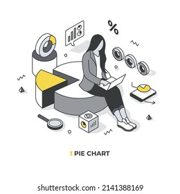 Concepto de construcción y uso del gráfico circular. Una mujer con una laptop analiza indicadores de datos usando gráficos circulares. Imitaciones vectoriales isométricas con objetos aislados