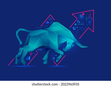 concept of bullish in stock market exchange, graphic of low poly bull with increasing graph