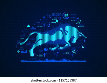 concept of bullishness in stock market exchange, shape of bull combined with candlesticks and business finance icons