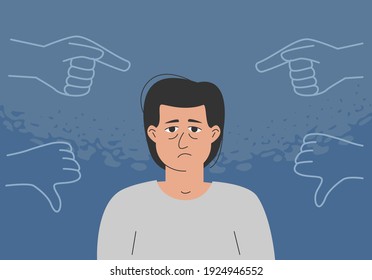 The concept of bullying, inner critic, negative self talk, low self-esteem. The sad man is surrounded by condemning gestures.
