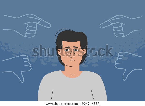 The concept of bullying, inner critic, negative\
self talk, low self-esteem. The sad man is surrounded by condemning\
gestures.
