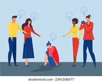 concept of bullying , woman victim sitting holding knees with sad face with male and female laughing sternly pointing at him making the picture cartoon flat colorful vector illustration