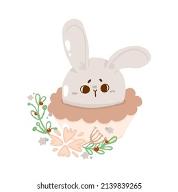 Tarjeta de pascua conceptual con hoja verde, festividad religiosa de primavera linda, dibujos animados de conejo para bebés comparten ilustración vectorial de doodle, aislados en blanco. Feliz infancia, decoración plana en el jardín de infantes.