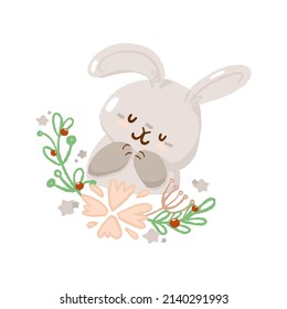 Concept bunny easter card with green leaf, cute spring religious holiday, baby rabbit cartoon hare doodle vector illustration, isolated on white. Happy childhood time, flat decoration kindergarten.