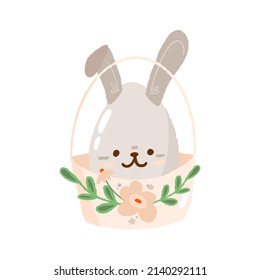 Concept bunny easter card with green leaf, cute spring religious holiday, baby rabbit cartoon hare doodle vector illustration, isolated on white. Happy childhood time, flat decoration kindergarten.