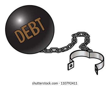 Concept: the burden of debt. A ball and chain with debt written on the ball.