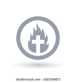 Concept burning Christian cross icon in circle outline. Holy Spirit flame and crucifix symbol. Spiritual baptism of fire sign. Vector illustration.