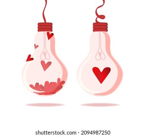 The concept of burning love. Lamps with red hearts inside. The light comes from lovers. Valentine's Day. Flat style vector illustration. 