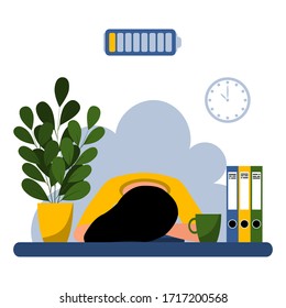 The concept of burnout of a working woman or a student sitting at a Desk with an empty battery. A tired employee or student. Frustrated female. Vector illustration in flat style.