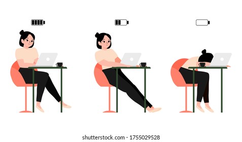 concept burnout working woman or student sitting at a table and laptop with full, half and low battery. tired employee or student. Vector illustration happy, bored and exhausted female office worker