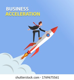 Concept of business acceleration, a man in a suit riding a rocket into space