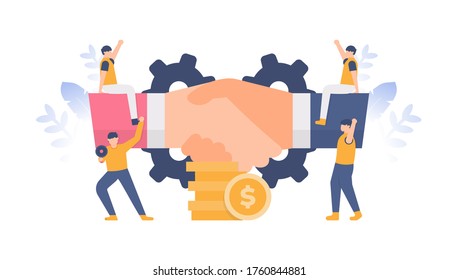 the concept of a business agreement, cooperation, transaction, partner or alliance. a team is in front of a hand that shakes hands. flat design. can be used for elements, landing pages, UI, websites.