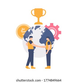 the concept of business alliances, global enterprises, work partners. illustration of two people shaking hands to work together. flat design. can be used for elements, landing pages, UI, websites