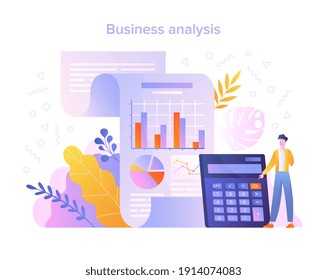 Concept of business analysis, audit, professional check of documentation, investigation, inspection. Modern flat cartoon colorful vector illustration.