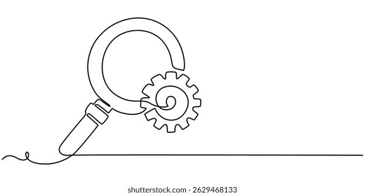 Conceito de análise de negócios e otimização de mecanismo em estilo de estrutura de tópicos. Usado para logotipo, emblema, banner web, apresentação, engrenagem e lupa ícone linear. Contínuo uma linha trem de desenho pro.