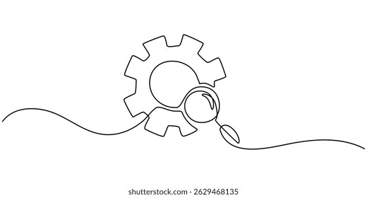 Conceito de análise de negócios e otimização de mecanismo em estilo de estrutura de tópicos. Usado para logotipo, emblema, banner web, apresentação, engrenagem e lupa ícone linear. Contínuo uma linha trem de desenho pro.