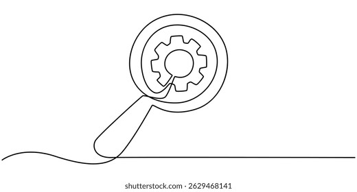 Concept of Business analysis and engine optimization in outline style. Used for logo, emblem, web banner, presentation, Gear and magnifying glass linear icon. Continuous one line drawing gear pro.