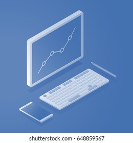 Concept of business analysis with monitor keyboard smartphone and pen isometric vector illustration