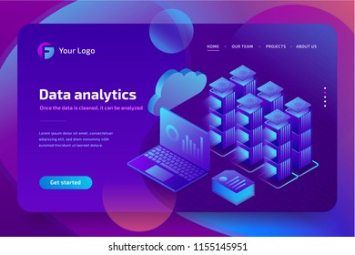 Concept business analytics of data financial graphs or diagrams, landing page template. Financial review with laptop. 3d isometric vector illustration.