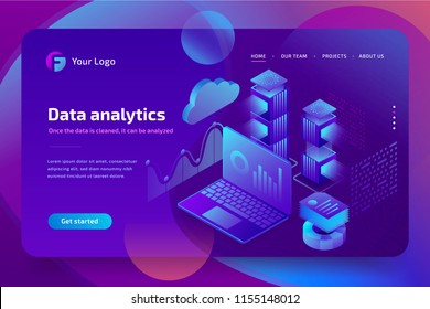 Concept business analytics of data financial graphs or diagrams, landing page template. Financial review with laptop. 3d isometric vector illustration.