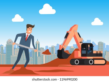 concept business art,compare with dig machine and shovel that able to dig but different result,vector illustration
