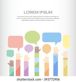 Concept of business auction with isolated hands and speech bubbles template