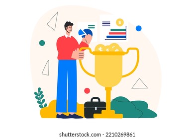 Concept Business award with people scene in the flat cartoon style. Businessman is happy for the victory of his company. Vector illustration.