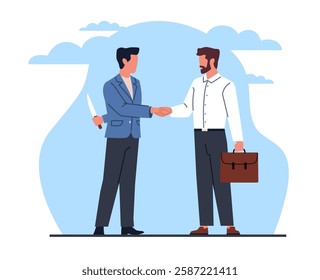 Concept business betrayal and deception. Competition on work. People on meeting, man holds a knife behind his back. Dishonesty rival. Eliminate competitor. Cartoon flat vector illustration