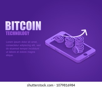 Concept business bitcoin. Vector illustration isometric rate growth cryptocurrency on screen smartphone. Landing page business digital money