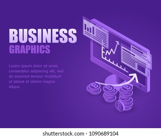 Concept business bitcoin. Vector illustration isometric cryptocurrency and infographic rate growth about screen computer. Landing page business digital money