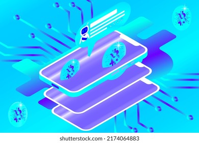 Concepto de bitcoin comercial. Ilustración vectorial isométrica sobre las Monedas Criptas. Estilo plano.