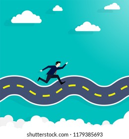 Concept business, Businessman running on the road, running on the road to success with the sky and clouds as the background. Illustration vector flat