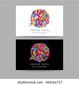  Concept business card design for Language School, translation, linguistic center, language teachers, international communication club. Vector.