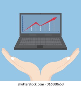 Concept of Business cartoon hand holding laptop, Vector Illustration EPS 10.