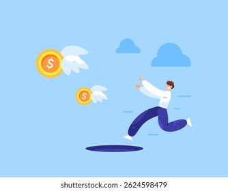 conceito de negócios, desafios e armadilhas. esforços para ganhar lucro e dinheiro. ilustração de um homem de negócios que corre depois de voar moedas enquanto passa por um buraco. design de estilo plano. elementos
