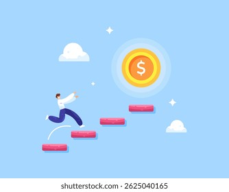 conceito de desafios de negócios, processos e objetivos. esforços para obter sucesso, atingir metas. dinheiro e renda. ilustração do homem correndo para o topo para obter moedas de ouro.