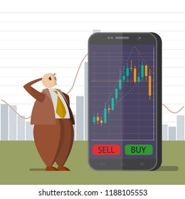 Concept business chart graph technology vector flat illustration. Business smartphone trading infograph concept. Flat businessman make choice standing phone trade schedule. Flat statistics data report