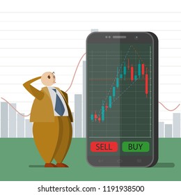 Concept business chart graph technology vector flat illustration. Business smartphone trading infograph concept. Flat businessman make choice standing phone trade schedule. Flat statistics data report