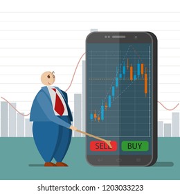 Concept business chart graph technology vector flat illustration. Business smartphone trading infograph concept. Flat businessman make choice standing phone trade schedule. Flat statistics data report