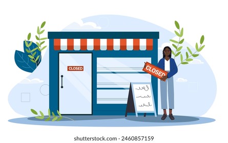 Concept of business closure with a woman standing in front of a closed store with a CLOSED sign, in a flat graphic style on a serene background. Flat cartoon vector illustration