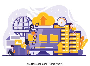 Concept business cloud computing, Data provision and cloud computing services for web page, banner, presentation, social media, documents, cards, posters. Tiny people illustration. Vector illustration