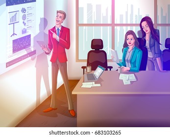Concept of business colleague working on project presentation in company corporate office. Vector illustration