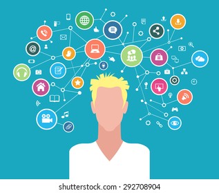 El concepto de comunicación empresarial en una red informática. Avatar de 
hombres rodeados por iconos abstractos de red e interfaz