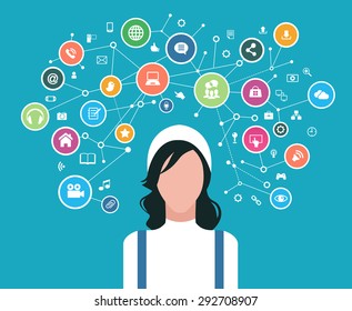 The concept of business communication in a computer network. Avatar of 
women surrounded by abstract network and interface icons