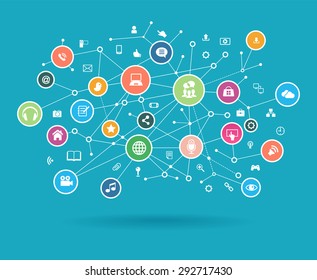 The concept of business communication in a computer network. Abstract network and interface icons